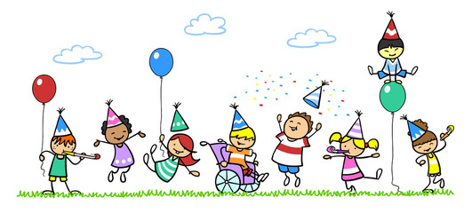 Wall Mural - Kinder feiern Geburtstag mit Junge im Rollstuhl