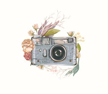 Vintage Retro Photo Camera In Flowers, Leaves, Branches On White Background. Watercolor Design, Flat Style. Hand Drawn Vector Illustration, Separated Elements In Collage.