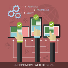 Poster - Responsive website design vector illustration with technological devices, icons and three hands.