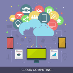 Poster - Cloud computing vector illustration with technological devices and colorful icons.