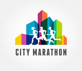 Wall Mural - Running marathon in city, icon and symbol with ribbon, banner