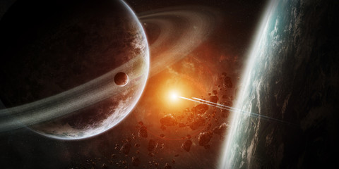 Poster - Sunrise over group of planets in space