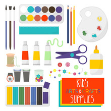 Art Crafts Items For Kids Creativity. Watercolor, Clay, Scissors, Glue, Color Paper, Brush, Pencil,palette, Crayon,stamp, Needle. Set Of Art Supplies For Kids. Vector Illustration