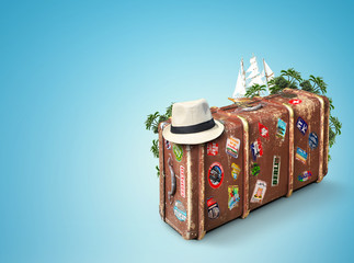 Wall Mural - full suitcase of a traveler with travel stickers