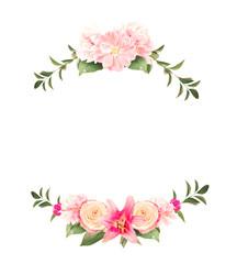 Wall Mural - Frame Made from Summer Pink Flowers and Green Leaves Isolated on