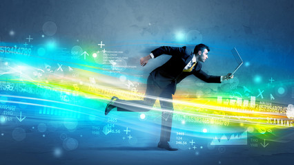 Business man running in high tech wave concept
