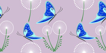Seamless Vector Grey Pattern With Dandelions And Blue Butterflies On The Grey Background.