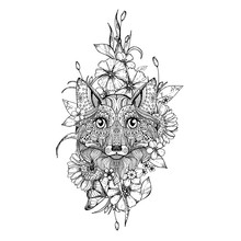 Hand Drawn Ink Doodle Fox And Flowers On White Background. Coloring Page - Zendala, Design For Adults, Poster, Print, T-shirt, Invitation, Banners, Flyers.