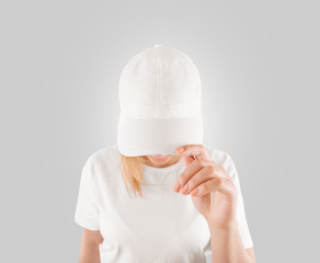 Wall Mural - Blank white baseball cap mockup template, wear on women head