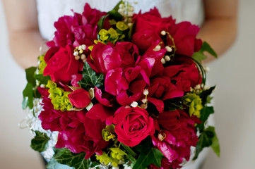 Wall Mural - Fresh bridal bouquet. Red summer flowers.