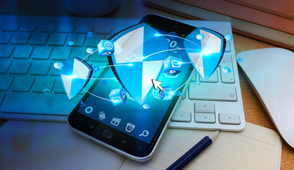 Fototapete - Anti virus shield protection on mobile phone