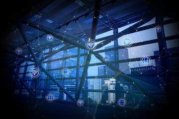 Poster - modern architecture and wireless communication network, abstract image visual