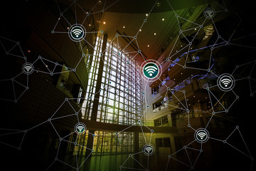 Aufkleber - modern architecture interior and wireless communication network, abstract image visual