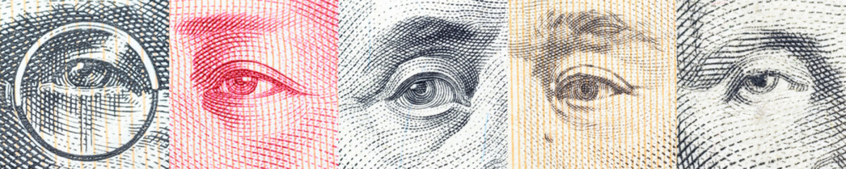 Portraits / images / the eyes of famous leader on banknotes, currencies of the most dominant countries in the world i.e. Japanese yen, US dollar, Chinese yuan, Australian dollar. Financial concept.