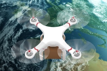 Poster - Composite image of digital image of a drone holding a cardboard