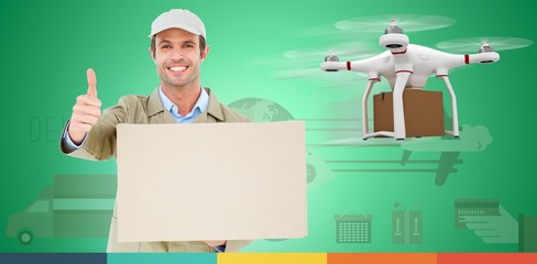 Sticker - Composite image of happy delivery man gesturing thumbs up while 