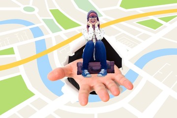 Poster - Composite image of smiling hipster woman sitting on suitcase 