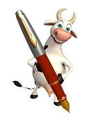 Poster - cute Cow cartoon character with pen