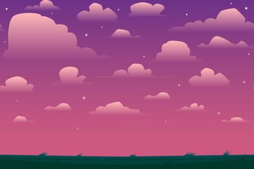 Wall Mural - Cartoon nature seamless horizontal landscape with a beautiful evening or night sky, stars and clouds. Vector illustration.