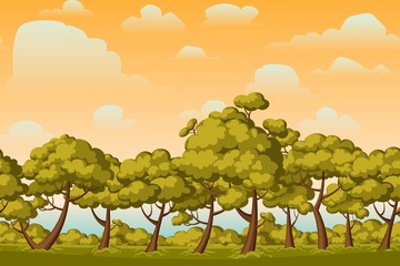 Wall Mural - Cartoon nature seamless horizontal landscape with bushes,trees, sky and clouds