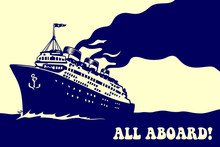 All Aboard! Vintage Steam Transatlantic Ocean Cruise Liner Ship With Smoke Puff, Retro Traveling Isolated Vector Illustration