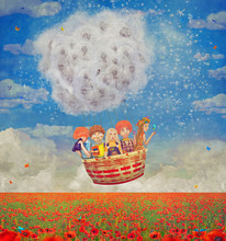 Children In A Balloon  Over The Beautiful Landscape With Poppies  Against The Sky With Clouds , Illustration Art 