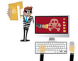 © terramigrante - Pictured is a Hacker with gum in the eyes, and shredded files suit making a computer and stored in your folder, inside the computer there is a calabera, symbolizing the hacker attack