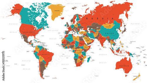 Fotomural Green Red Yellow Brown World Map - borders, countries and cities - illustration
Highly detailed colored vector illustration of world map