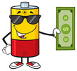 Battery Cartoon Mascot Character With Sunglasses Holding A Dollar Bill