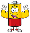 Happy Battery Cartoon Mascot Character Flexing