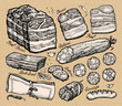 meat market. hand-drawn sketches of food. vector illustration