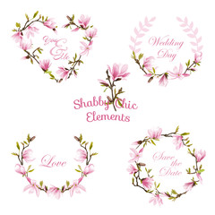 Poster - Flower Magnolia Banners and Tags. Floral Wreath. Vector Set.