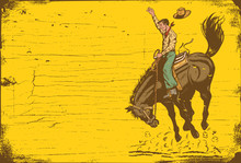Man Riding Bucking Bronco With On A Wooden Sign