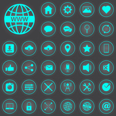 Set of flat icons for mobile app and web. Web icons against dark background