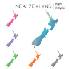 Poster - Set of vector polygonal New Zealand maps. Bright gradient map of the country in a low poly style. Multicolored New Zealand map in geometric style for your infographics.