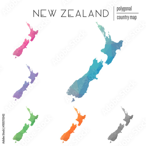 Fotomural Set of vector polygonal New Zealand maps