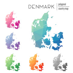 Poster - A set of vector polygonal Denmark maps featuring bright gradient colors in a low poly geometric style. Perfect for infographics.