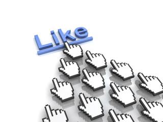 Poster - Like concept many hand cursors mouse clicking like button or link on white background with reflection. 3D rendering.