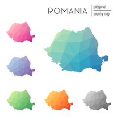 Poster - Set of vector polygonal Romania maps. Bright gradient map of country in low poly style. Multicolored Romania map in geometric style for your infographics.