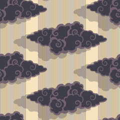 a japanese style clouds and rain seamless pattern in dark purple and ivory