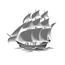 Old Vessel. Sailing Ship. Black Silhouette On White Background.