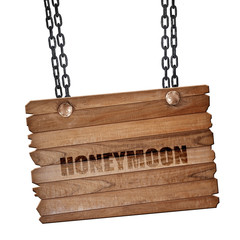 honeymoon, 3D rendering, wooden board on a grunge chain