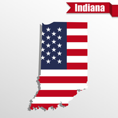 Poster - Indiana State map with US flag inside and ribbon