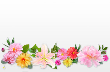 Wall Mural - Pattern Made from Summer Pink Flowers and Green Leaves on Light 