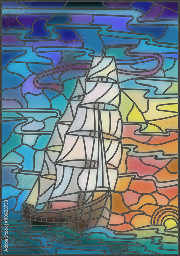 Naklejka ścienna Illustration in stained glass style with sailboats against the sky, the sea and the sunrise