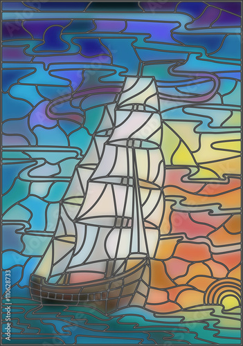 Tapeta ścienna na wymiar Illustration in stained glass style with sailboats against the sky, the sea and the sunrise