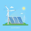 Solar panels power plant and factory. Green energy industrial concept. Vector illustration in flat style. Electricity station background. 
