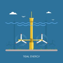 Tidal Power Plant And Factory. Water Turbines. Green Energy Industrial Concept. Vector Illustration In Flat Style. Electricity Station Background.