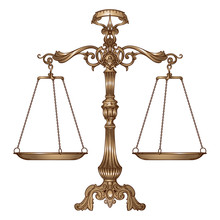Vector Illustration Antique Ornate Balance Scales Isolated On White Background. Justice And Making Decision Concept. Even Odds, Being In Balance.