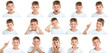 Portrait of emotional little boy on white background, collage